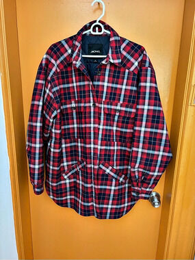 MONKI Plaid Quilted Shacket in Red + Blue Size M